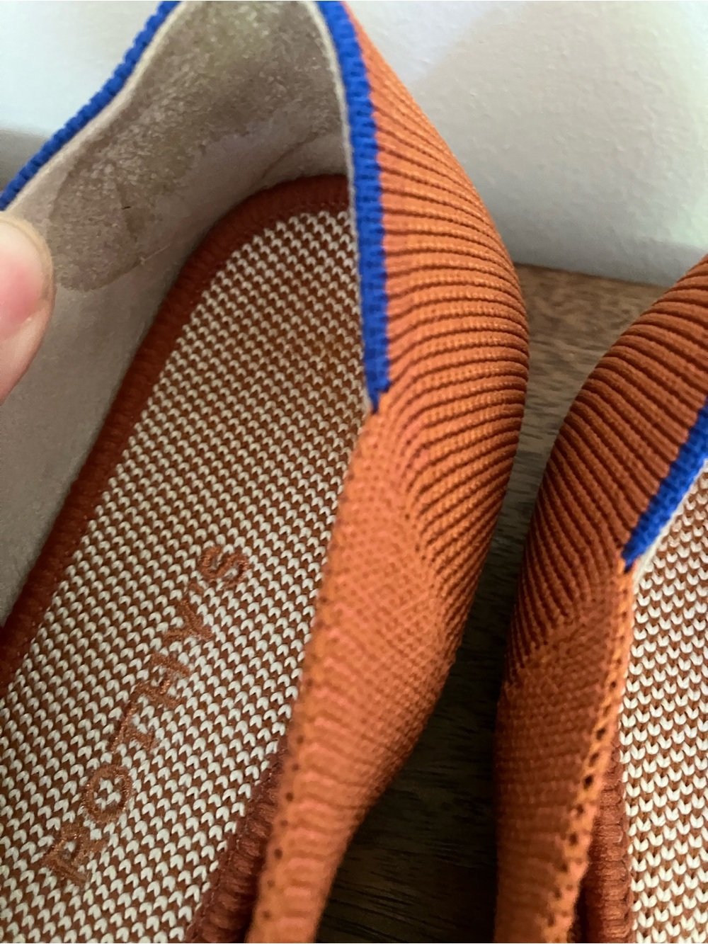 Rothy's Rust Orange Knit Pointed Ballet Flats with Blue Trim - Picture 4 of 4